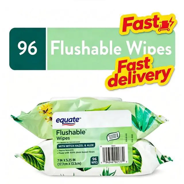 Main image of Equate Flushable Wet Wipes, Witch Hazel & Aloe, 96 Wipes, 2 Pack