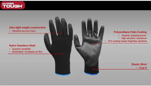 Alt view image 3 of 6 - Hyper Tough Full-Finger Work Gloves, Nylon Liner with PU Dipped Grip, Men's Medium, Black, 1 Pair