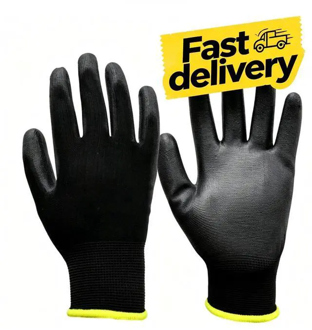 Main image of Hyper Tough Full-Finger Work Gloves, Nylon Liner with PU Dipped Grip, Men's Medium, Black, 1 Pair