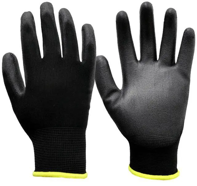 Alt view image 6 of 6 - Hyper Tough Full-Finger Work Gloves, Nylon Liner with PU Dipped Grip, Men's Medium, Black, 1 Pair