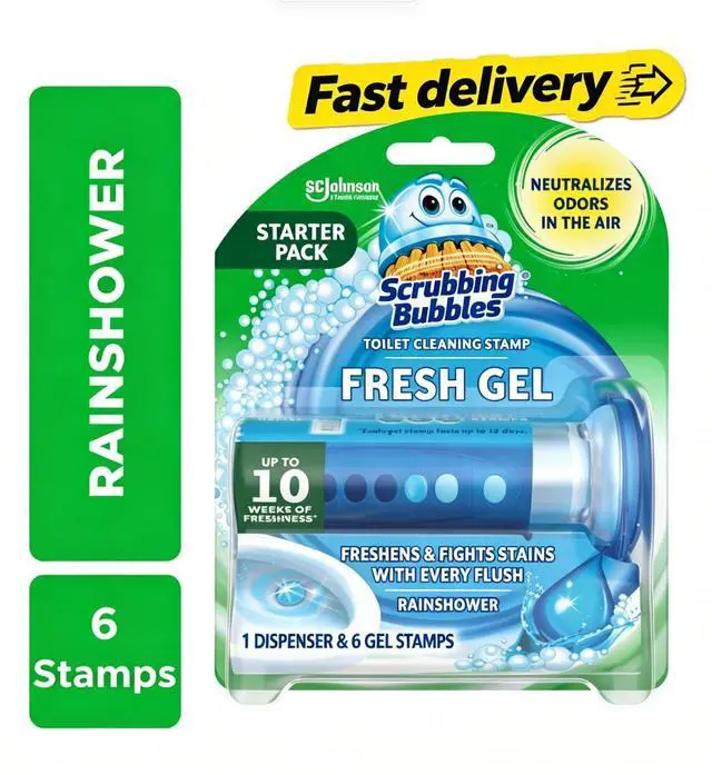 Main image of Scrubbing Bubbles Automatic Toilet Bowl Cleaner, Fresh Gel Cleaning Stamp, Rainshower, Dispenser & 6 Gel Stamps