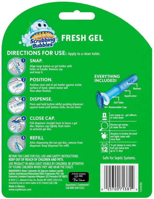 Alt view image 2 of 6 - Scrubbing Bubbles Automatic Toilet Bowl Cleaner, Fresh Gel Cleaning Stamp, Rainshower, Dispenser & 6 Gel Stamps