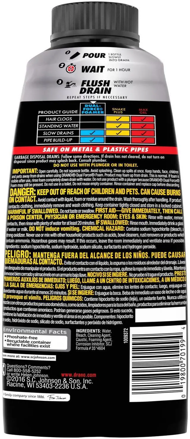 Alt view image 4 of 7 - Drano Dual-Force Foamer, Hair and Drain Clog Remover, Commercial Line, 17 fl oz