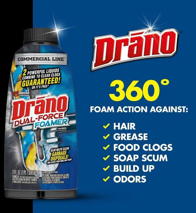 Alt view image 7 of 7 - Drano Dual-Force Foamer, Hair and Drain Clog Remover, Commercial Line, 17 fl oz