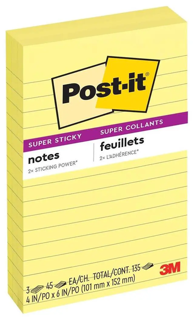 Main image of Post-it Super Sticky Lined Notes, 4" x 6", Canary Yellow, 3 Pack