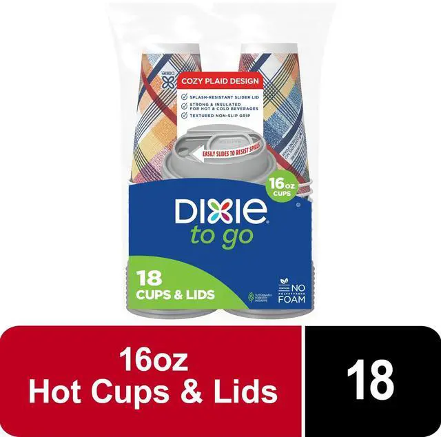 Main image of Dixie To Go 16 oz Disposable Paper Cups with Slider Lid, Cozy Plaid, 18 Count