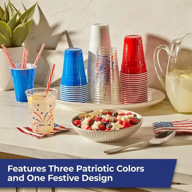 Alt view image 3 of 7 - Hefty Party On Disposable Plastic Party Cups, Patriotic Assorted Colors and Festive Print, 16 oz. & 18oz., 80 Count