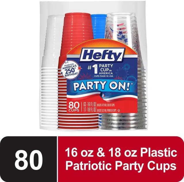 Alt view image 2 of 7 - Hefty Party On Disposable Plastic Party Cups, Patriotic Assorted Colors and Festive Print, 16 oz. & 18oz., 80 Count