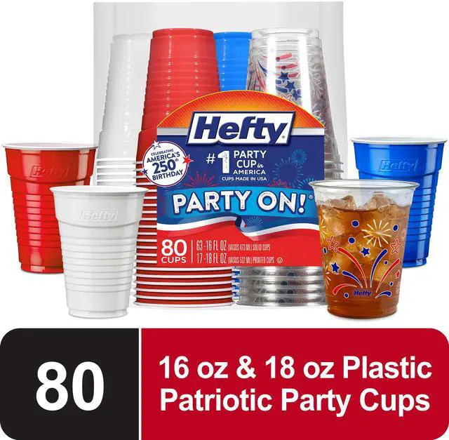 Main image of Hefty Party On Disposable Plastic Party Cups, Patriotic Assorted Colors and Festive Print, 16 oz. & 18oz., 80 Count