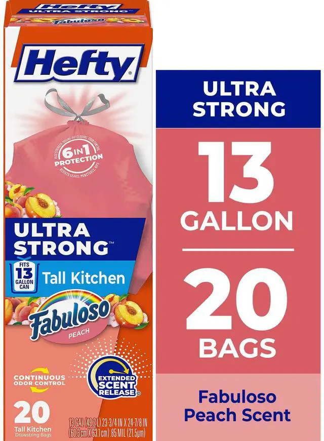 Main image of Hefty Ultra Strong 13 Gallon Trash Bags, Tall Kitchen Trash Bags, Peach, Fabuloso Peach Scent, 20 Bags