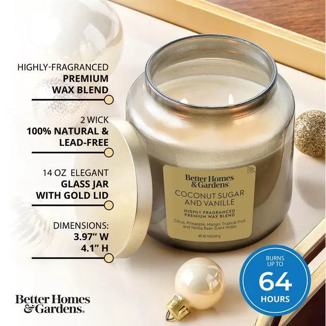 Alt view image 2 of 7 - Better Homes & Gardens 2-Wick Jar Candle, Coconut Sugar & Vanilla, 14 oz