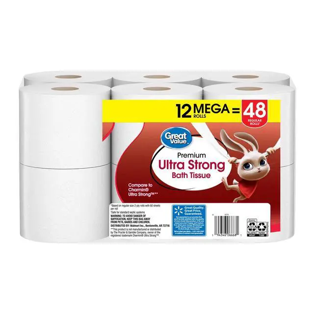 Alt view image 3 of 7 - Great Value Ultra Strong 2-Ply Toilet Paper, 12 Mega Rolls, Compare to Charmin Ultra Strong