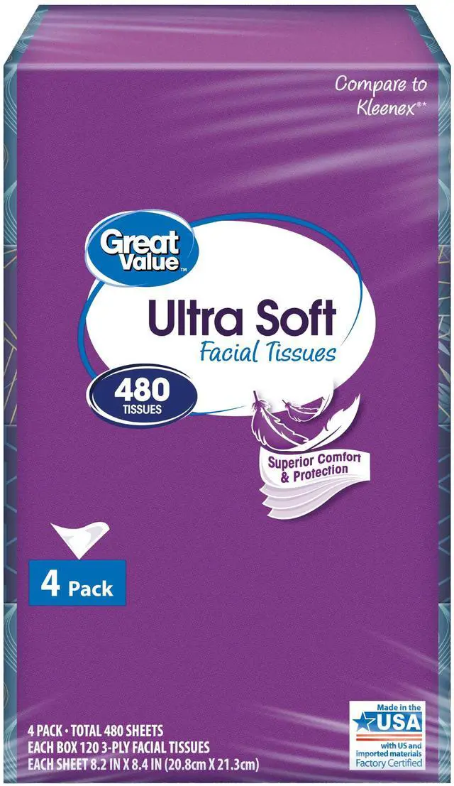 Alt view image 3 of 5 - Great Value Ultra Soft Facial Tissues, 4 Flat Cartons, 120 Tissues per Carton, 3-Ply, Compare to Kleenex®