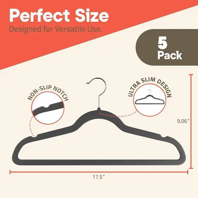 Alt view image 3 of 7 - Gray Velvet Hangers 5 Pack Heavy-Duty 11 lbs Capacity, 360° Swivel Hook, Non-Slip & Space-Saving Design Smooth Velvet Finish for Crease-Free Clothes & Effortless Closet Organization