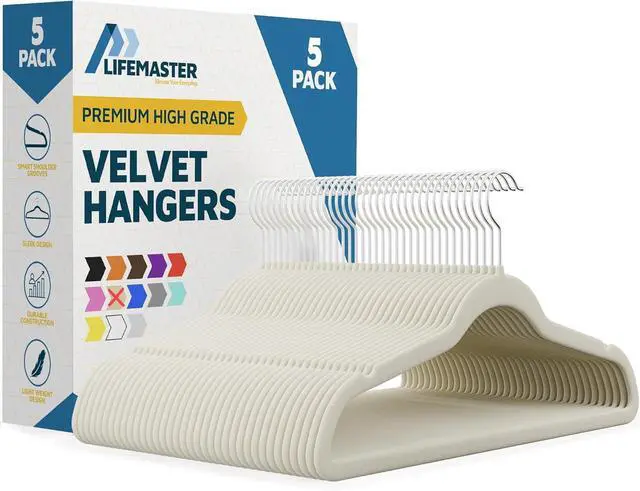 Main image of Lifemaster Velvet Clothes Hangers With 360 Degree Swivel Hook & Non-Slip Shoulder Notch, Holds Up To 10 lbs, Heavy Duty Hanger Set, For Organizing Suit, Dress, Coat, and Clothes, Pack of 5, Ivory