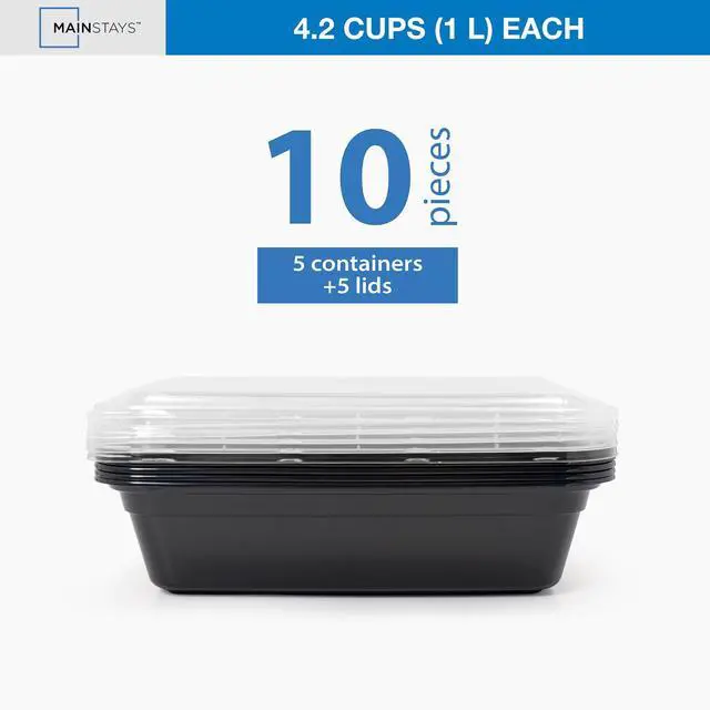 Main image of Mainstays 10-Piece Single-Compartment Meal Prep Set, 5 Containers + 5 Lids, BPA-Free, Leak-Resistant