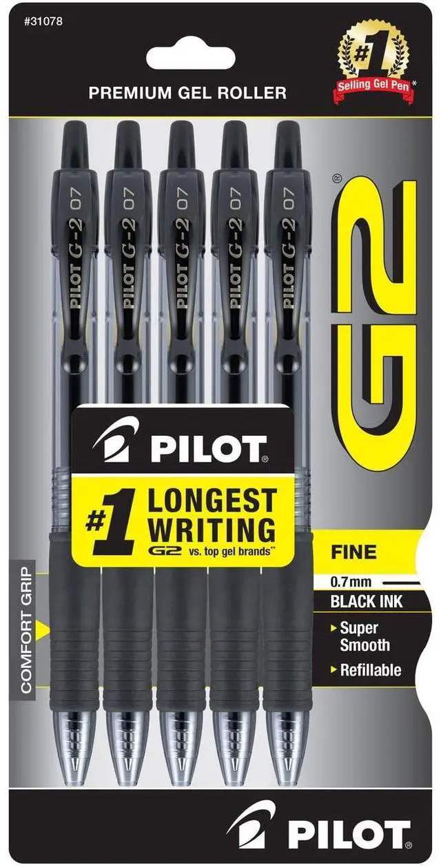 Main image of Pilot G2 Retractable Gel Ink Pens, Fine Point, 0.7mm. Black Ink, 5 Pack