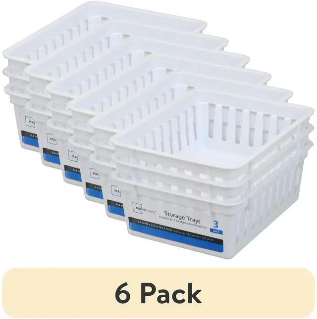 Main image of (6 pack) Mainstays 3-Pack Square Mini Plastic Storage Tray Organizers, Stackable Drawer Organizer Bins for Kitchen, Desk, Bathroom and Vanity Organization, White