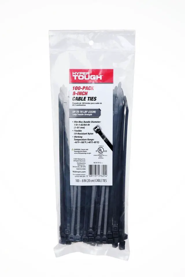 Main image of Hyper Tough 8 inch 75lb Cable Ties UV Resistant Black 100 Count