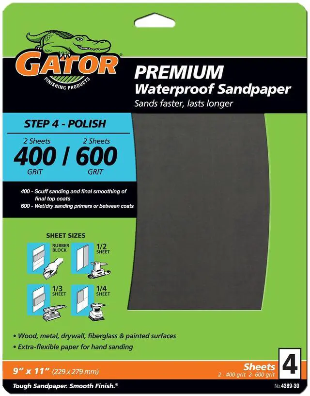 Main image of Gator 438930 9 in x 11 in 400/600 Grit Premium Waterproof Sandpaper Combo Pack, 4 Pieces