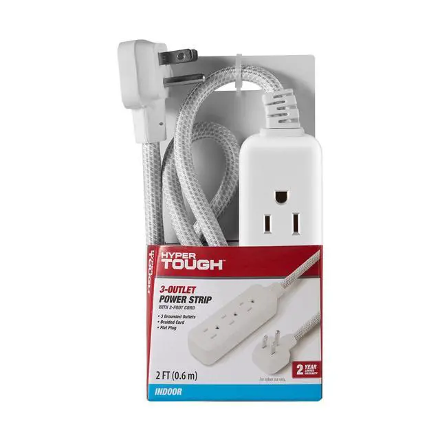 Alt view image 4 of 5 - Hyper Tough Flat Plug Extension Cord, 2 ft Braided Cord, 3 Outlets, 3 Prong Grounded, Indoor, White