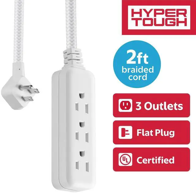 Main image of Hyper Tough Flat Plug Extension Cord, 2 ft Braided Cord, 3 Outlets, 3 Prong Grounded, Indoor, White