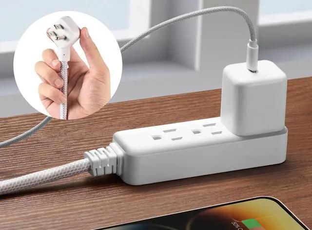 Alt view image 2 of 5 - Hyper Tough Flat Plug Extension Cord, 2 ft Braided Cord, 3 Outlets, 3 Prong Grounded, Indoor, White