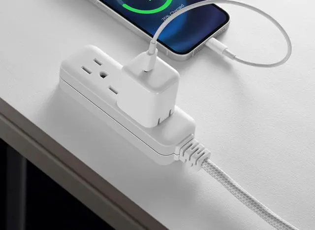 Alt view image 3 of 5 - Hyper Tough Flat Plug Extension Cord, 2 ft Braided Cord, 3 Outlets, 3 Prong Grounded, Indoor, White