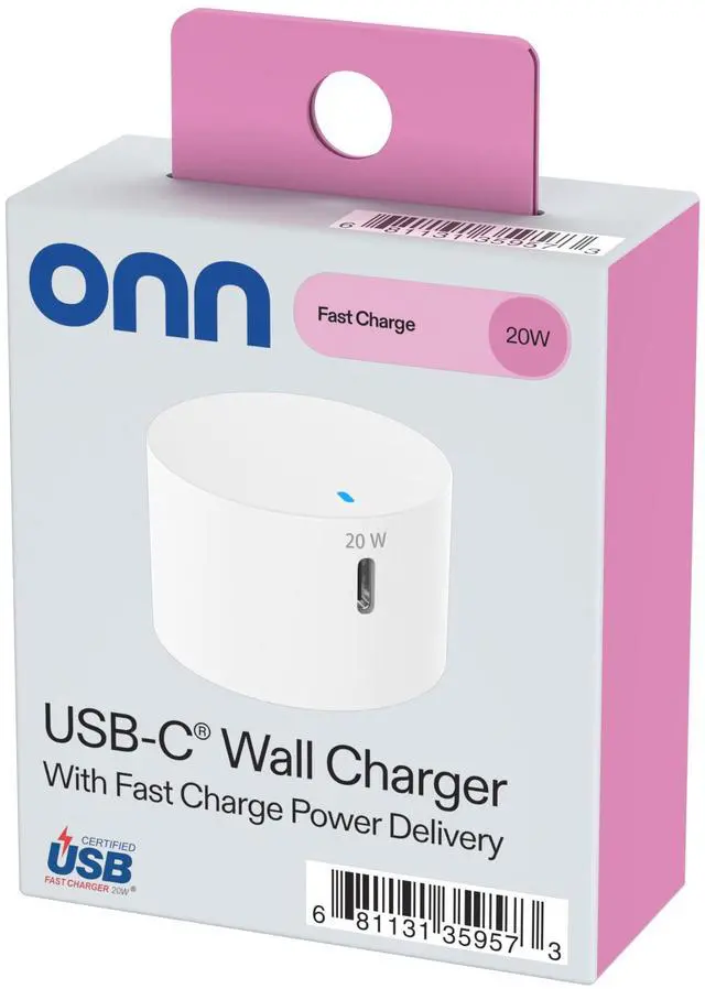 Main image of onn 20W Single USB-C Port Wall Charger, Fast Charging, USB-IF Certified, Foldable Plug, White - Compatible with iPhone 17/16/15 Series, Samsung Galaxy, Note, Pixel Devices iPad Pro, & More