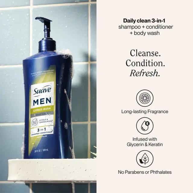 Alt view image 5 of 6 - Suave Men Citrus Rush 3-in-1 Shampoo, Conditioner & Body Wash with Glycerin & Keratin, 28 OZ