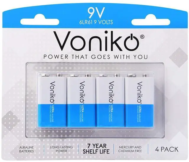 Main image of Voniko 9V Batteries 4 Pack, 9 Volt Alkaline Battery for Smoke Alarms