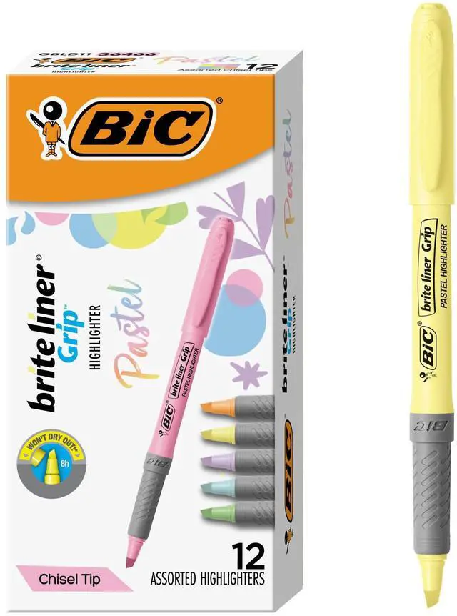 Main image of BIC Brite Liner Grip Pastel Highlighter Set, Chisel Tip, 12-Count