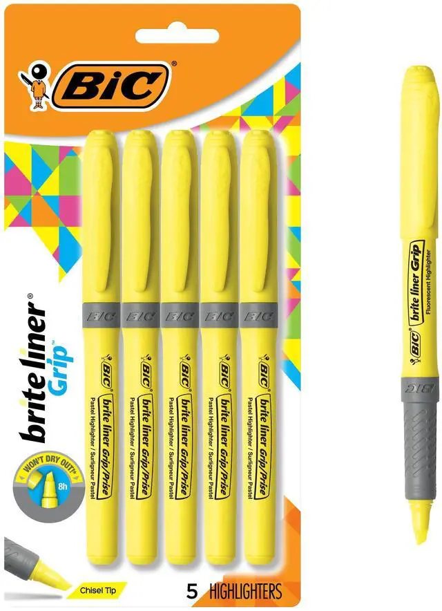 Main image of BIC Brite Liner Grip Highlighters, Chisel Tip, 5-Count Pack, Yellow
