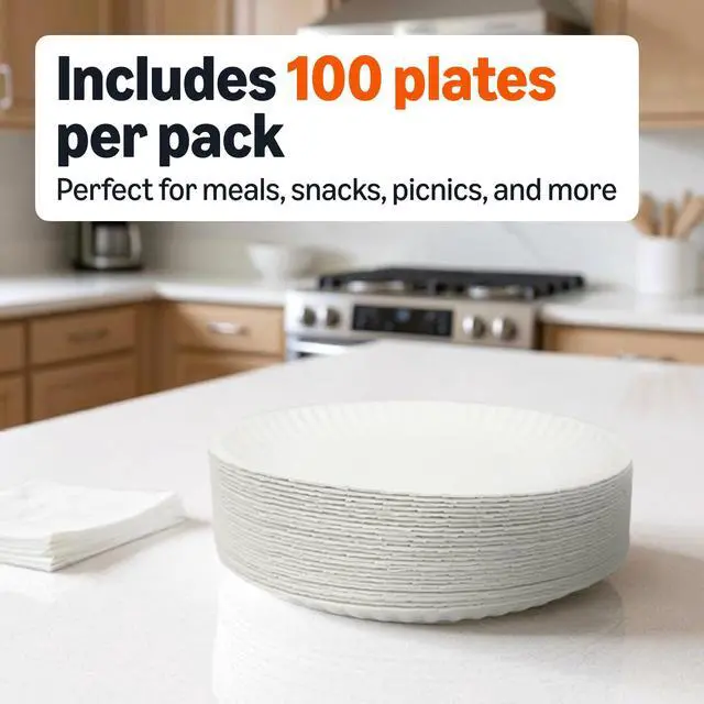 Alt view image 3 of 5 - Basics 9" Uncoated White Paper Plates, Microwave Safe, 100 Count