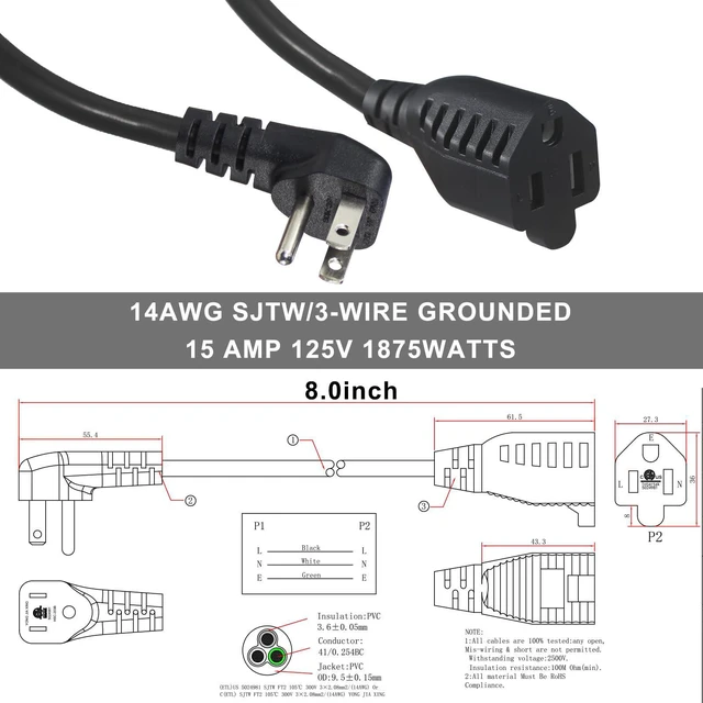 Alt view image 5 of 7 - Short Power Extension Cord - Low Profile Wall Head 6 Inch 14AWG/3C SJTW Heavy Duty Extension Cable for Indoor/Outdoor, 90-Degree Flat Plug 15A/125V 1875W NEMA 5-15P to NEMA 5-15R, Black 1-Pack
