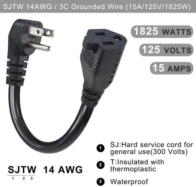 Alt view image 6 of 7 - Short Power Extension Cord - Low Profile Wall Head 6 Inch 14AWG/3C SJTW Heavy Duty Extension Cable for Indoor/Outdoor, 90-Degree Flat Plug 15A/125V 1875W NEMA 5-15P to NEMA 5-15R, Black 1-Pack