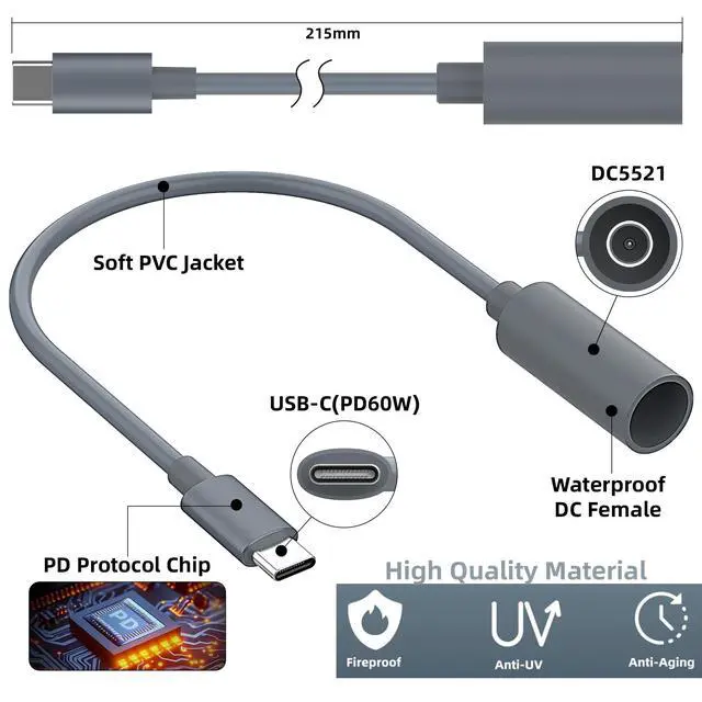 Alt view image 4 of 6 - for Starlink Mini Type C to DC Adapter 20CM Waterproof Compatible with Original Starlink Mini USB-C Power Cable PD Source DC Power,Multi Scenario USB C Power Cable(Gray)
