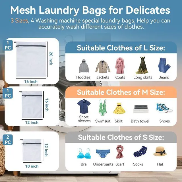 Alt view image 6 of 6 - Mesh Laundry Bags for Delicates, 4Pcs Laundry Bags Mesh Wash Bags, Lingerie Bags for Washing Delicates, Laundry Bag for Delicates, Dorm Room Essentials (1 Large,1 Medium,2 Small)
