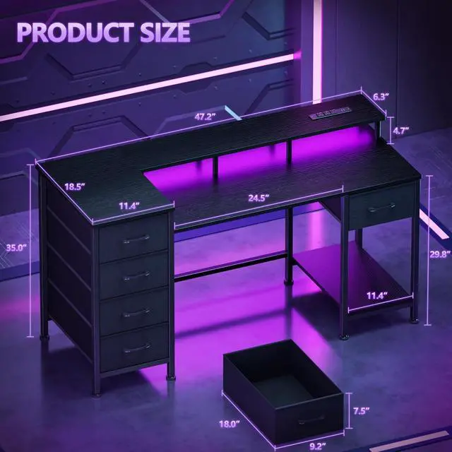 Alt view image 2 of 7 - 47 Inch Gaming Desk with Power Outlets and LED Lights, Reversible Computer Desk with 5 Fabric Storage Drawers, Home Office Desk with Monitor Stand for Working Writing Study, Black