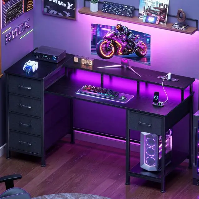 Alt view image 3 of 7 - 47 Inch Gaming Desk with Power Outlets and LED Lights, Reversible Computer Desk with 5 Fabric Storage Drawers, Home Office Desk with Monitor Stand for Working Writing Study, Black