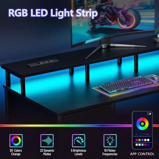 Alt view image 4 of 7 - 47 Inch Gaming Desk with Power Outlets and LED Lights, Reversible Computer Desk with 5 Fabric Storage Drawers, Home Office Desk with Monitor Stand for Working Writing Study, Black