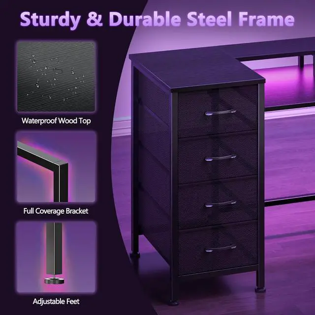 Alt view image 5 of 7 - 47 Inch Gaming Desk with Power Outlets and LED Lights, Reversible Computer Desk with 5 Fabric Storage Drawers, Home Office Desk with Monitor Stand for Working Writing Study, Black
