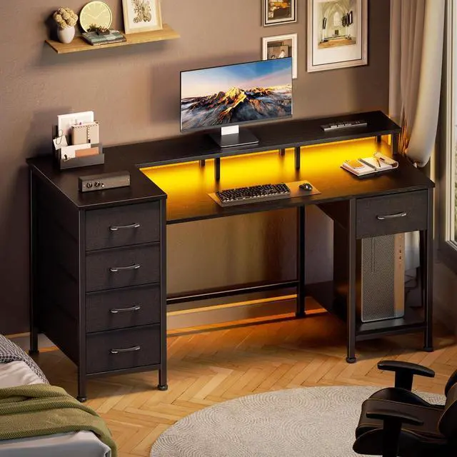 Alt view image 7 of 7 - 47 Inch Gaming Desk with Power Outlets and LED Lights, Reversible Computer Desk with 5 Fabric Storage Drawers, Home Office Desk with Monitor Stand for Working Writing Study, Black