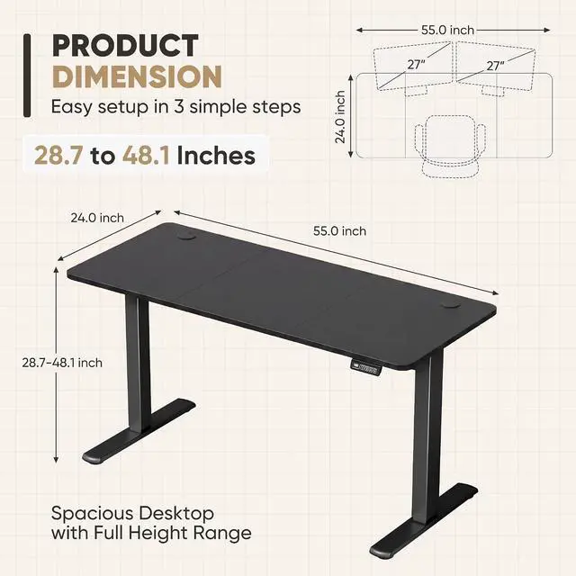 Alt view image 3 of 7 - Furmax 55 Inches Electric Height Adjustable Standing Desk Home Office Desk