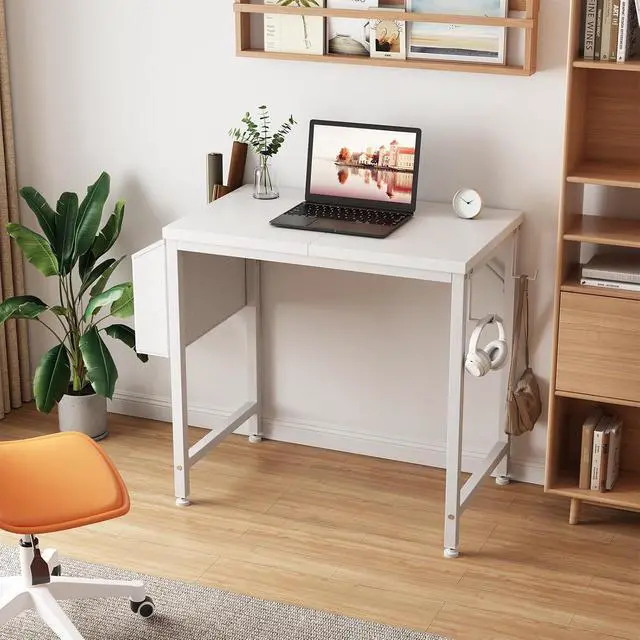 Alt view image 2 of 7 - Small White Desk for Small Spaces, 24 Inch Kids Girls Study Writing Mini Desks for Bedroom, Simple Modern Laptop PC Little Side Table with Storage Bag Headphone Hook, White