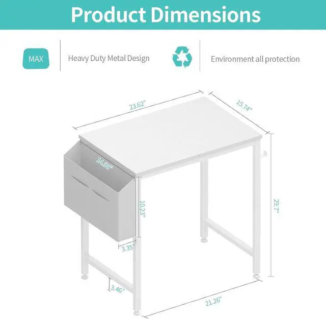 Alt view image 3 of 7 - Small White Desk for Small Spaces, 24 Inch Kids Girls Study Writing Mini Desks for Bedroom, Simple Modern Laptop PC Little Side Table with Storage Bag Headphone Hook, White