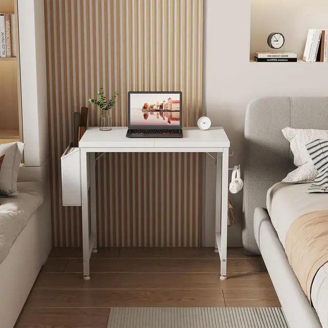 Alt view image 4 of 7 - Small White Desk for Small Spaces, 24 Inch Kids Girls Study Writing Mini Desks for Bedroom, Simple Modern Laptop PC Little Side Table with Storage Bag Headphone Hook, White
