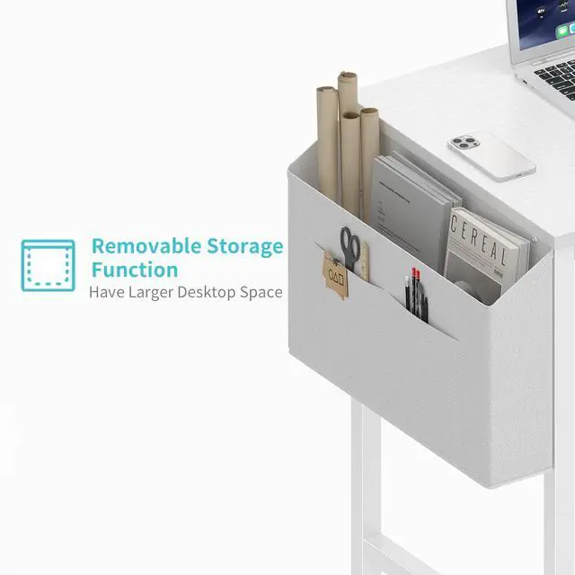 Alt view image 5 of 7 - Small White Desk for Small Spaces, 24 Inch Kids Girls Study Writing Mini Desks for Bedroom, Simple Modern Laptop PC Little Side Table with Storage Bag Headphone Hook, White