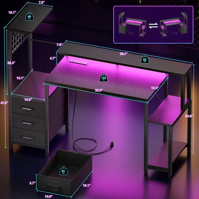 Alt view image 3 of 7 - 48" Gaming Desk with Power Outlet, LED, Carbon Fiber Black Finish