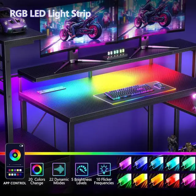 Alt view image 4 of 7 - 48" Gaming Desk with Power Outlet, LED, Carbon Fiber Black Finish